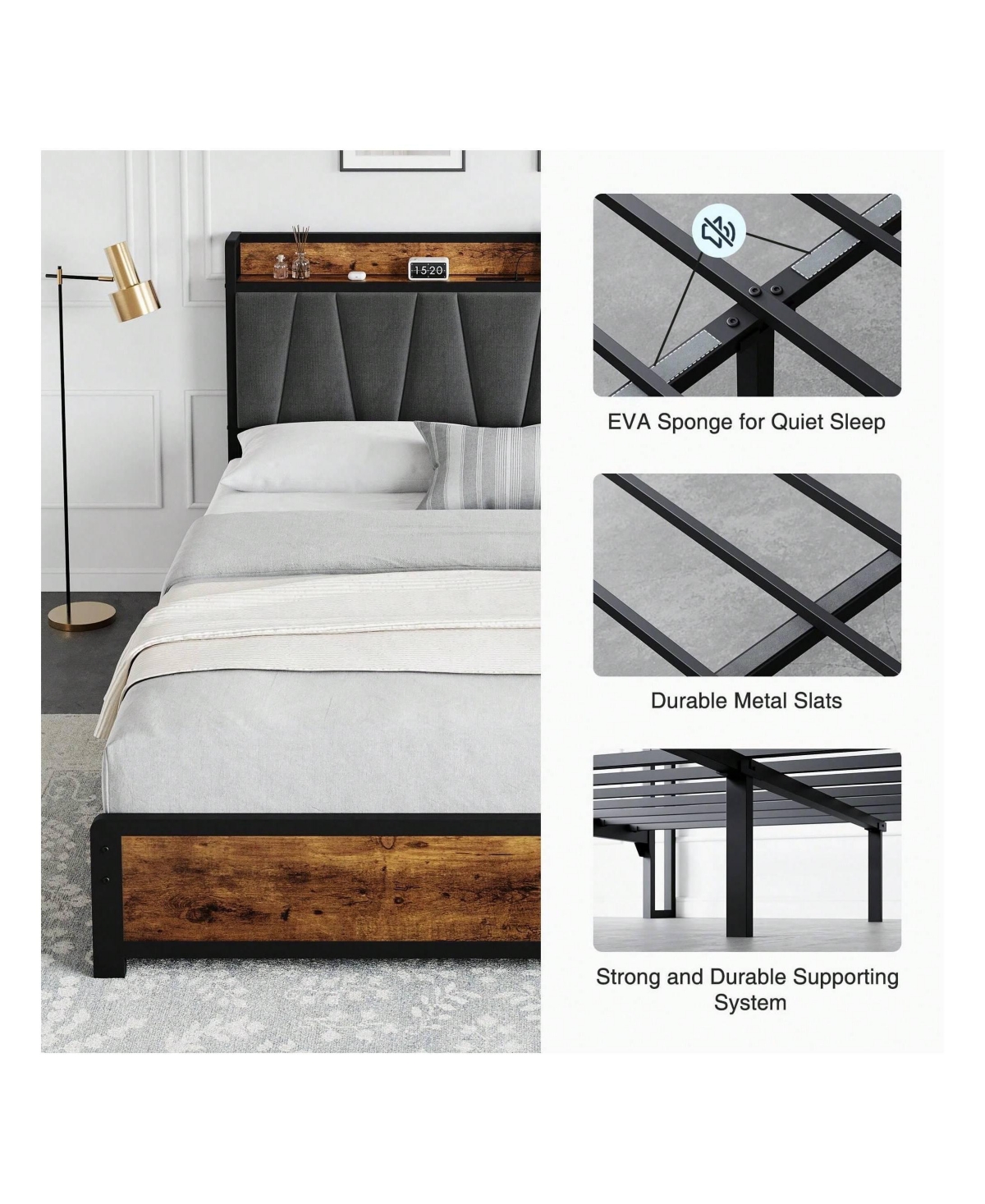 gaomon Bed Frame With 4 Storage Drawers And Linen Upholstered Headboard,Platform Bed Frame With Charging Station, No Box Spring Needed, Easy Assembly