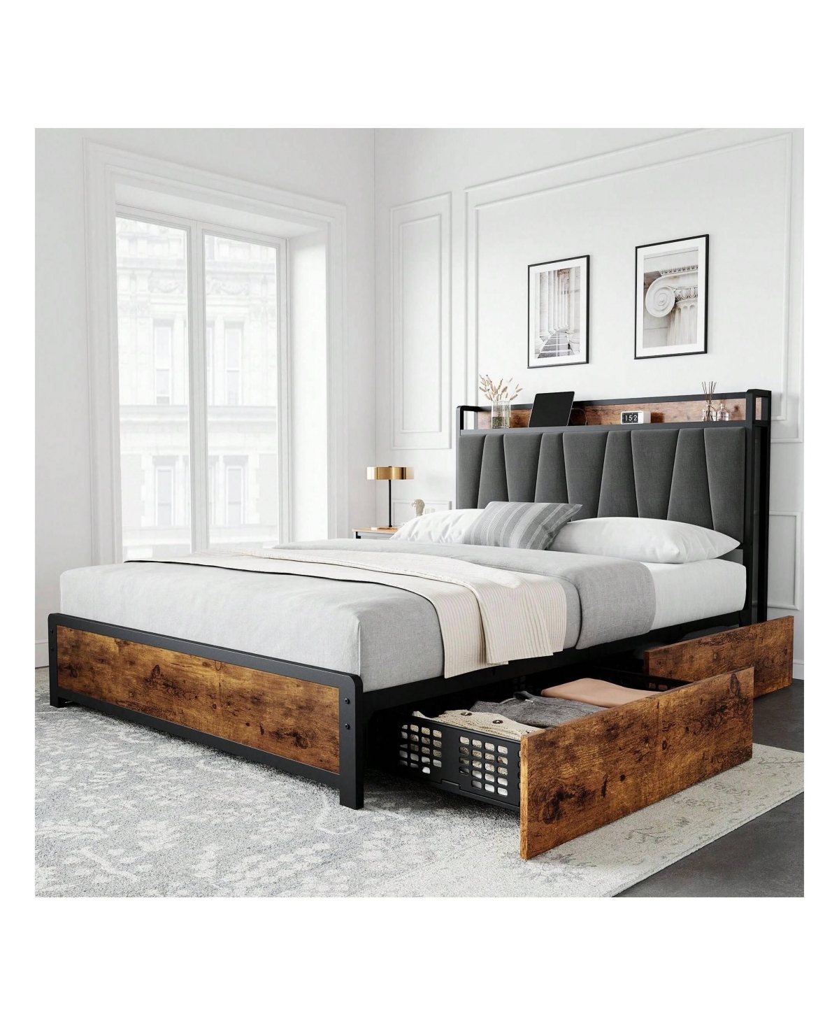 gaomon Bed Frame With 4 Storage Drawers And Linen Upholstered Headboard,Platform Bed Frame With Charging Station, No Box Spring Needed, Easy Assembly