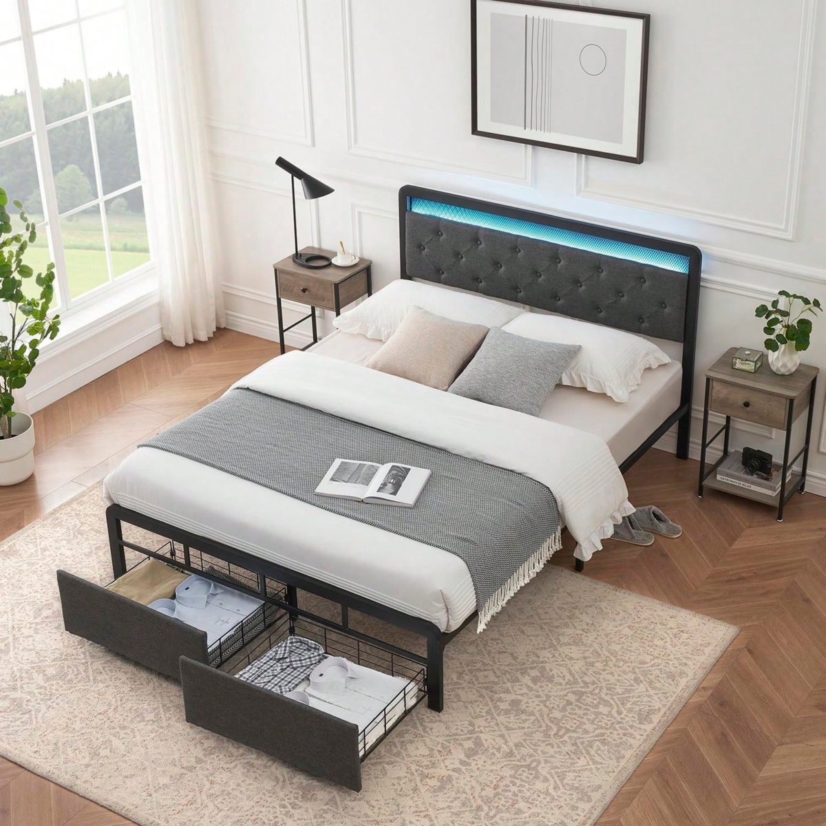 gaomon Bed Frame With 2 Storage Drawers, Bed Frame With Led Lights Headboard, Upholstered Platform Bed No Box Spring Needed, Easy Assembly