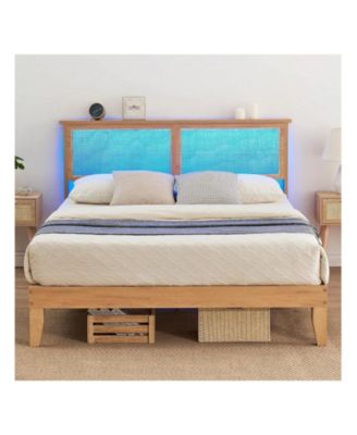Rattan Bed Frame Queen With Natural Rattan Headboard,Queen Bed Frame With LED Lights,Rattan Queen Bed Frame With Headboard,Solid Wood Foundation With Silent Slats,No Box Spring Needed