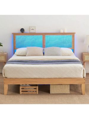 Rattan Bed Frame Queen With Natural Rattan Headboard,Queen Bed Frame With LED Lights,Rattan Queen Bed Frame With Headboard,Solid Wood Foundation With Silent Slats,No Box Spring Needed