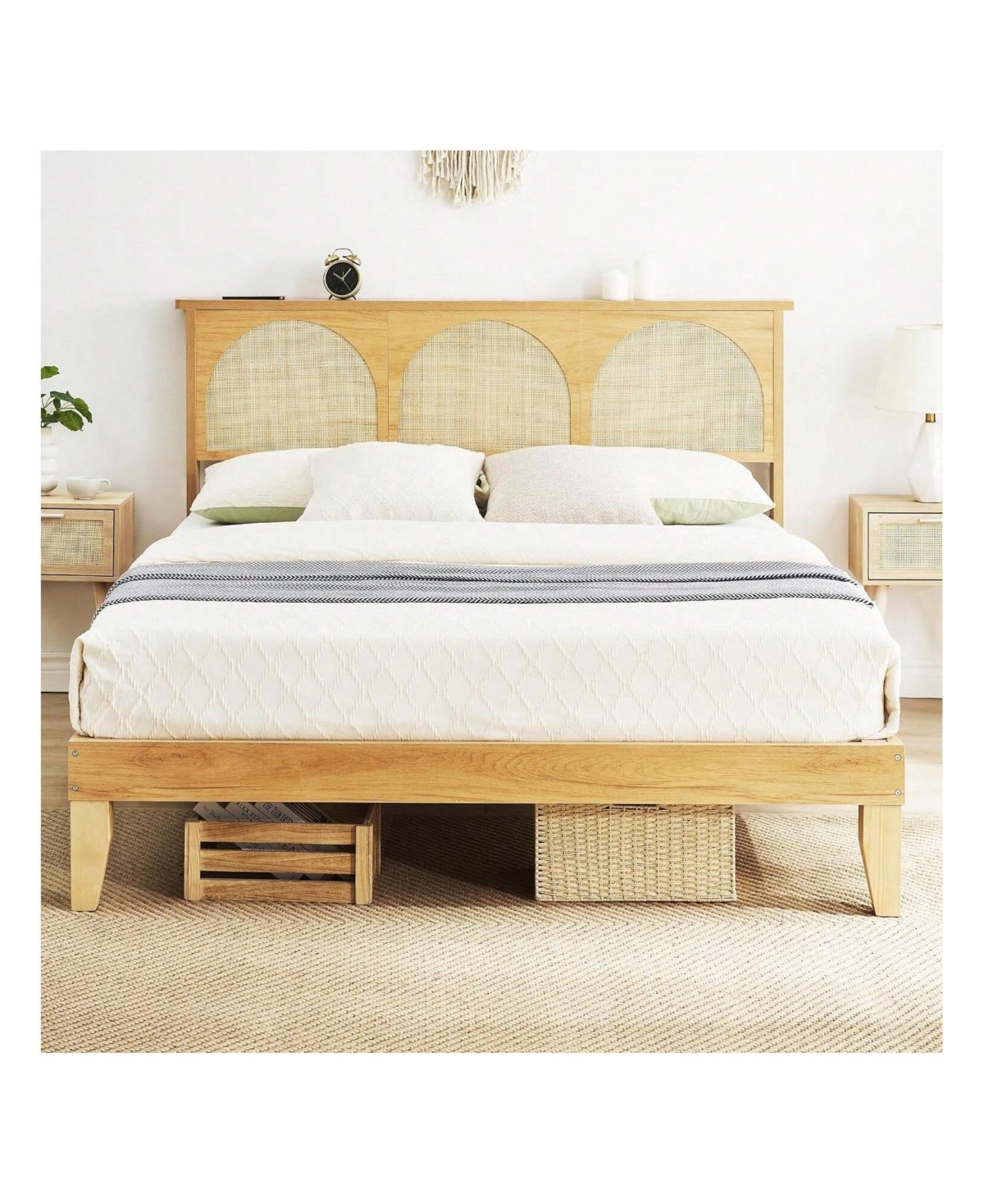 gaomon Full/Queen Bed Frame With Rattan Headboard, Boho Cane Platform Bed Frame With Led Lights