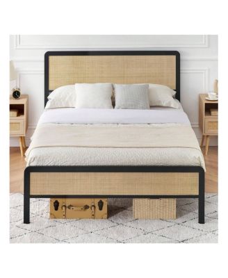 Bed Frame, Metal Bed Frame With Rattan Headboard And Footboard, Under Bed Storage, Strong Metal Slat Support, No Box Spring Needed - Queen