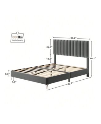 Platform Bed Frame With Adjustable Velvet Upholstered Headboard, Mattress Foundation With Wooden Slat Support, No Box Spring Needed, Dark Grey