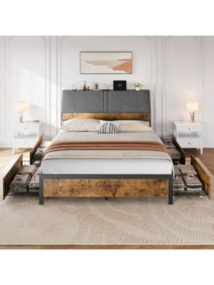 Full/Queen Size Vintage Style Bed Frame, Ergonomic Large Storage Bed With Four Under-Bed Drawers, Provides Superior Under-Bed And Backrest Storage Space, Comfortable Upholstered Backrest, No Box Spring Mattress Required,No Noise