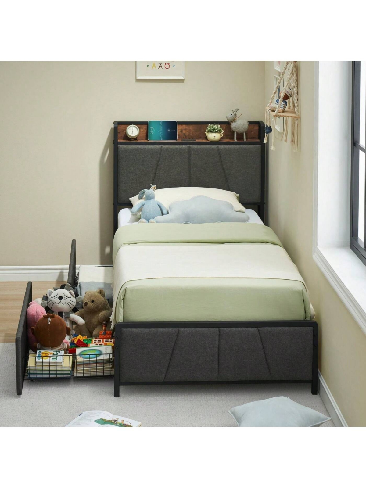 gaomon Bed Frame With Storage Headboard And 2 Drawers, Linen Upholstered Platform Bed Frame With Charging Station, Heavy Duty, No Box Spring Needed