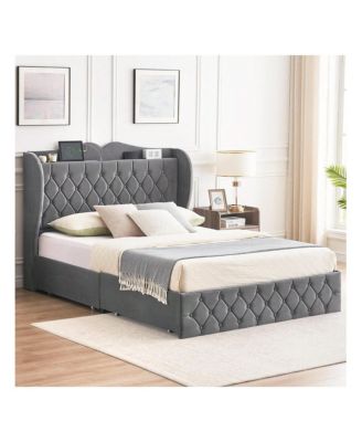 Bed Frame With Charging Station And 4 Storage Drawers, Velvet Upholstered Tall Tufted Wingback Headboard And Storage Shelf, No Box Spring Needed, Easy Assembly