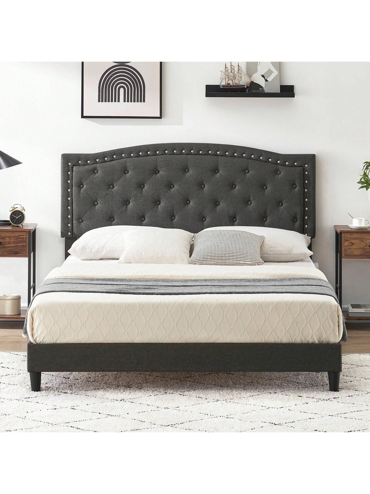 gaomon Upholstered Bed Frame With Height-Adjustable Headboard, Linen Platform Bed Frame Mattress Foundation With Wooden Slats Support, No Box Spring N