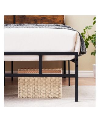 Full Size Metal Platform Bed Frame with Storage, Rustic Vintage Wood Headboard, Strong Metal Slats, Mattress Foundation, No Box Spring