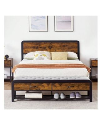 Queen/King Size Metal Bed Frame with 2 Storage Drawers, Open Shelf, Wooden Headboard, Metal Slats Support, Platform Bed Frame