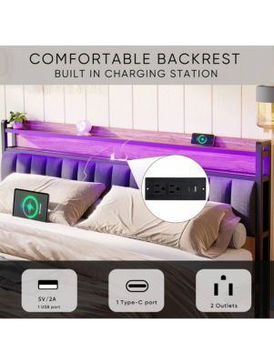 Full Size Bed Frame With Storage Headboard, 2 Drawers, Charging Station LED Upholstered Bed Frame, No Box Spring Needed Platform Bed Frame For Bedroom, Guest Room