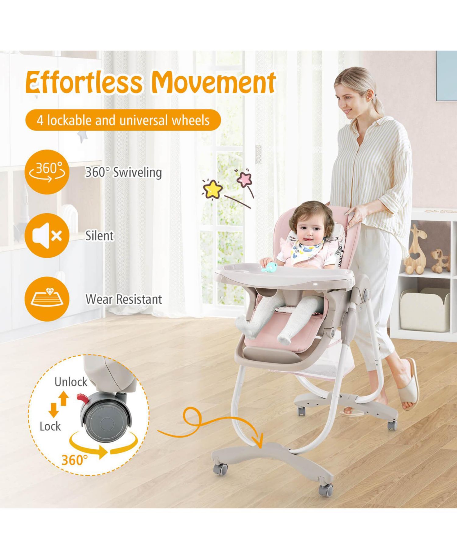 Highchair for Babies and Toddlers with Rolling Wheels Adjustable Height Footrest