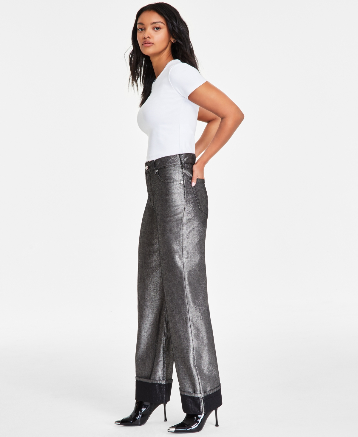 HUGO BOSS WOMEN'S METALLIC DENIM CUFFED STRAIGHT-LEG JEANS 