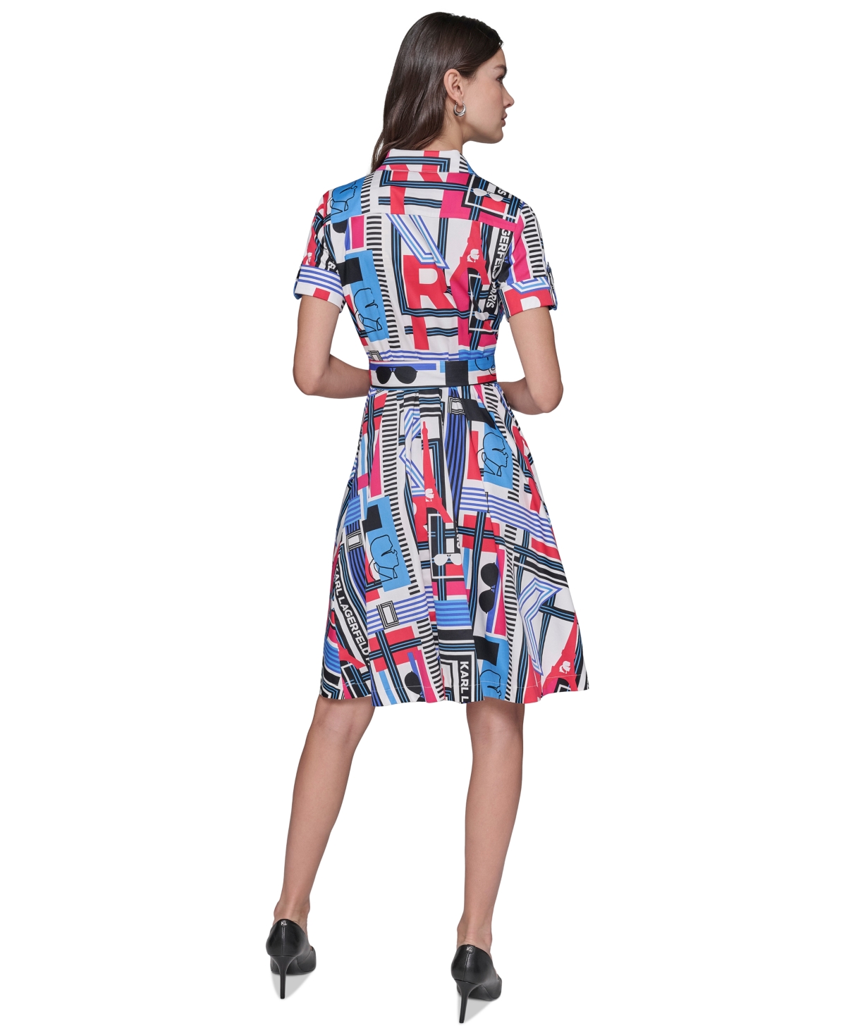 Karl Lagerfeld Paris Women's Printed Short-Sleeve Shirtdress - Soft White  Electric Indigo