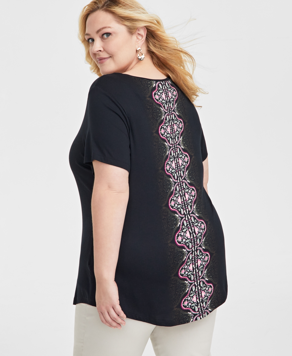 JM COLLECTION PLUS SIZE PRINTED SHORT SLEEVE TOP, EXCLUSIVELY AT MACY'S 