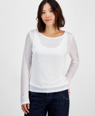 And Now This - Petites Long-Sleeve Double-Layer Knit Top