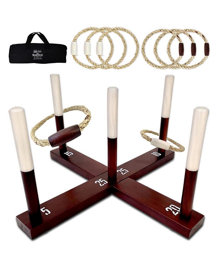 SWOOC Rustic Ring Toss Outdoor Game (All Weather) - 15  Games Included - Vintage Wood & Rope Ring Toss Yard Game - Toss Game - Brown - Medium