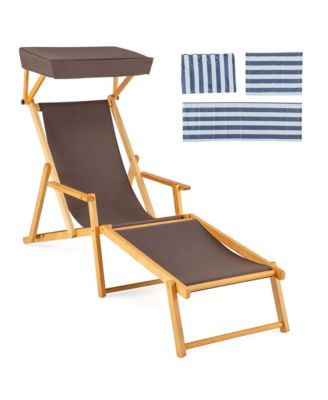 Birch Wood Chaise Lounge Chair with Adjustable Canopy Reclining Backrest & Footrest
