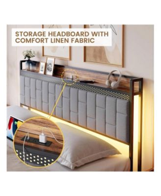 Full/Queen/King Size Bed Frame With Charging Station, LED Bed Frame With Storage Headboard, Upholstered Platform Bed Frame, No Box Spring Needed, Easy Assembly