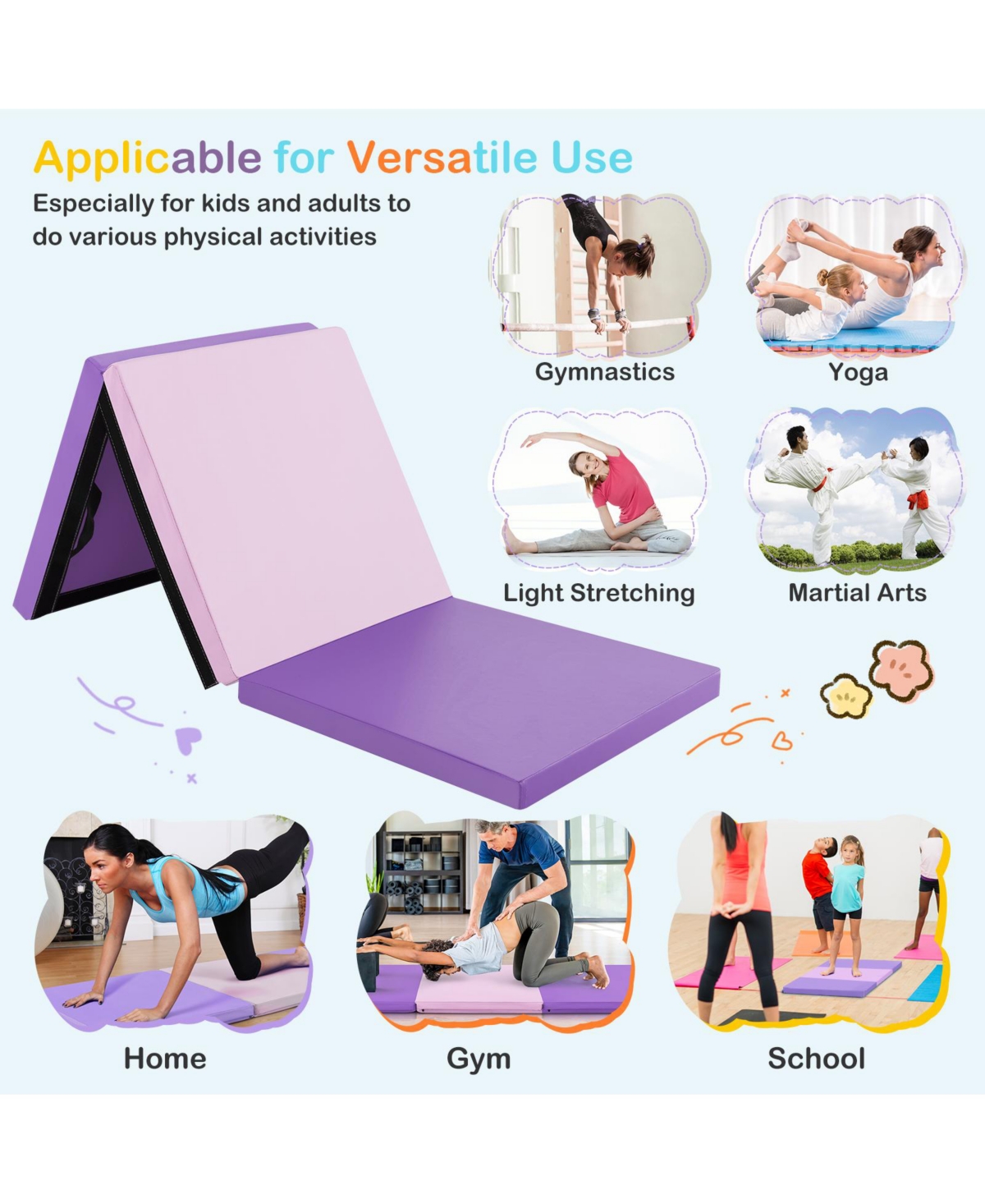 Hongge 6 x 2 Ft Tri-Fold Gym Mat with Handles and Removable Zippered Cover-Pink &- Purple