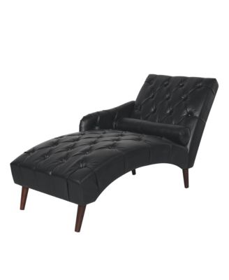 Black Tufted Chaise Lounge with Pillow and Wood Legs