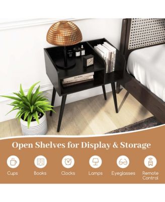 Mid Century Modern End Table with Open Shelves Metal Support Legs for Bedroom