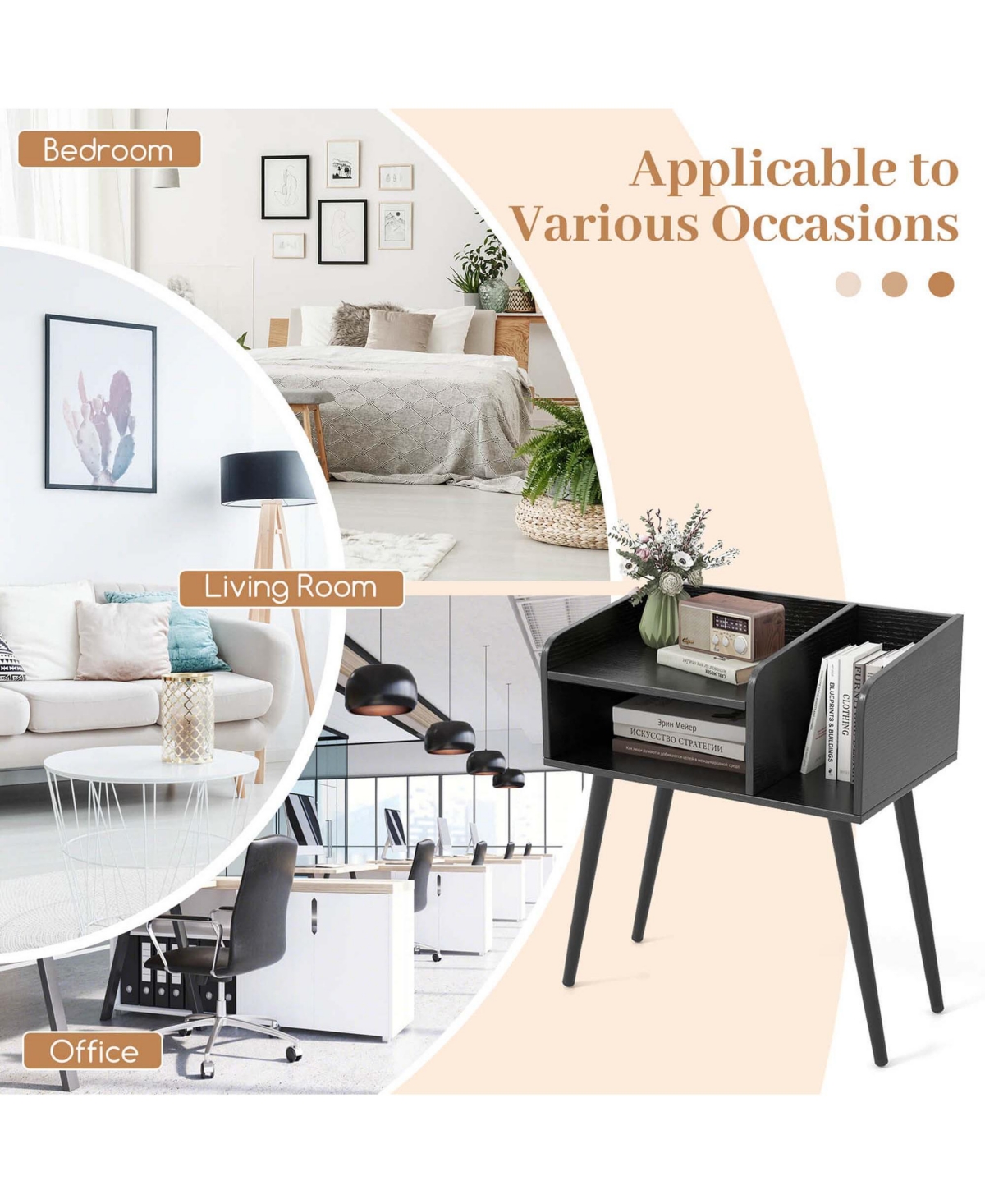 Costway Mid Century Modern End Table with Open Shelves Metal Support Legs for Bedroom