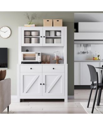 Kitchen Pantry Cabinet with Microwave Stand, Freestanding Hutch Cabinet with Buffet Cupboard,White