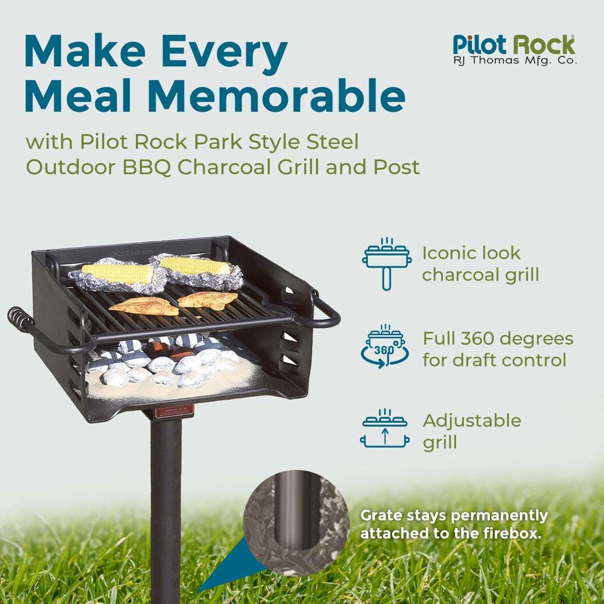 Pilot Rock H-16 B6X2 Park Style Steel Outdoor Bbq Charcoal Grill and Post,- Black