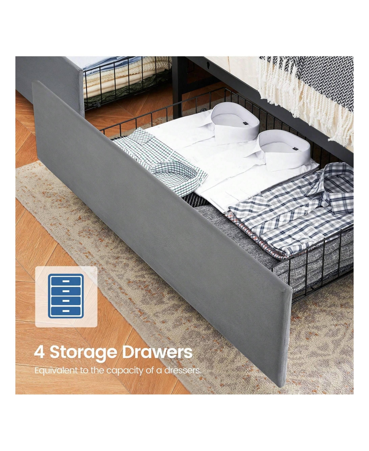 gaomon Upholstered Bed Frame With Charging Station Headboard & 4 Storage Drawers, Platform Bed Frame Mattress Foundation With Wooden Slats Support, No