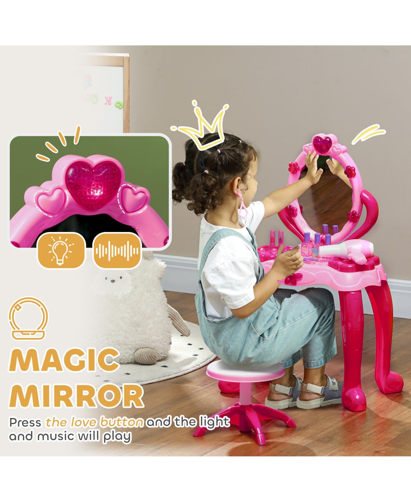 Детские игрушки Qaba Light-Up Mirror Vanity Set with Stool, 15-Piece, Ages 3+ — фото 6