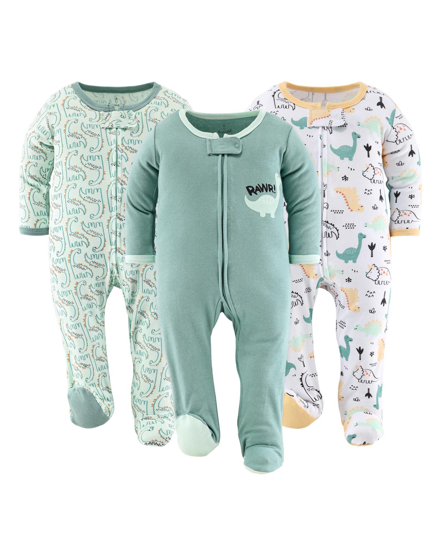 Baby Boys Green Dino Footed Sleepers for Boys, 3 Pack