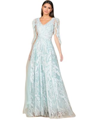 Women's V - Neck Gown with Long Cape Sleeves