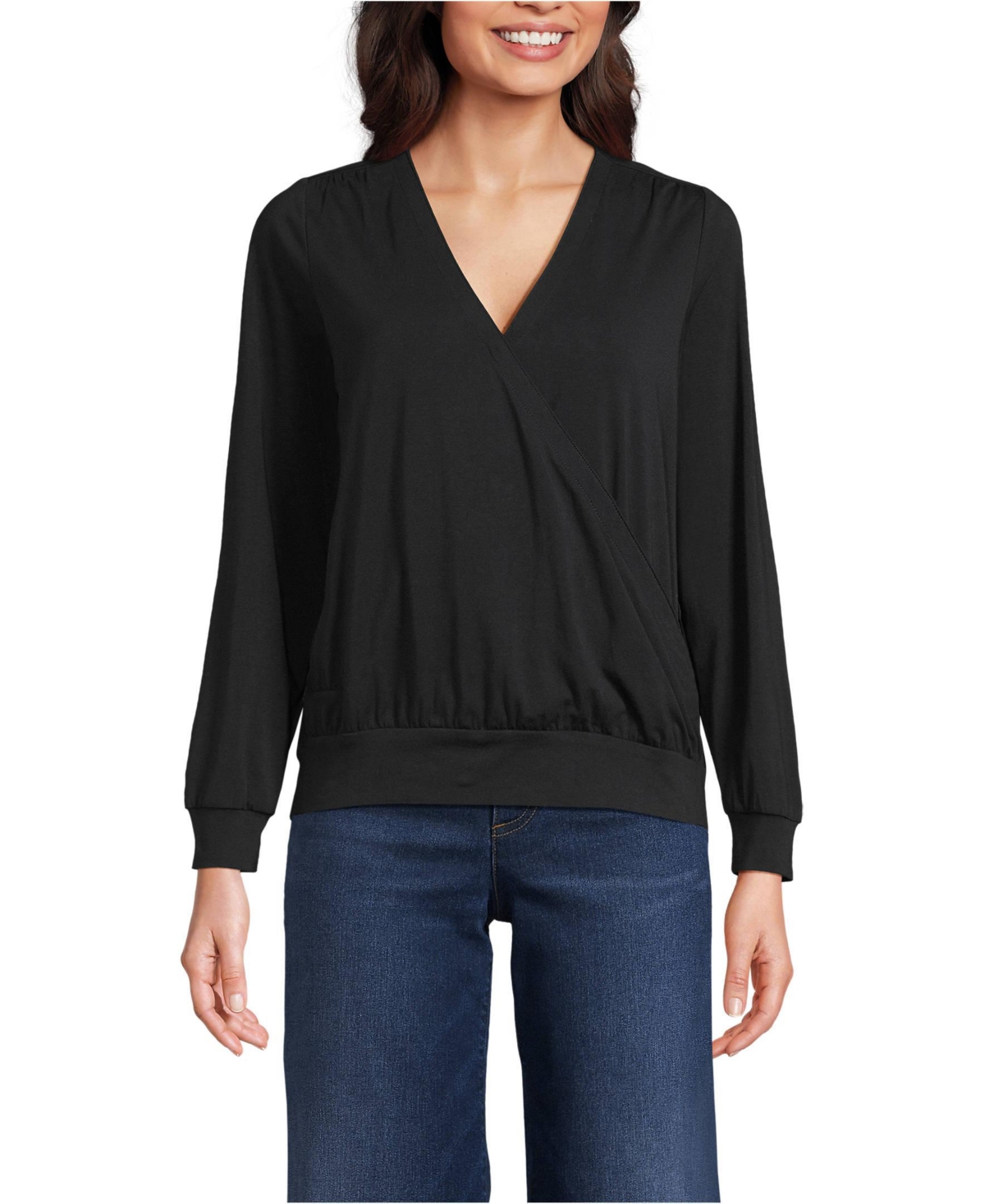 Women's Long Sleeve Lightweight Jersey Surplice Blouse - Ivory