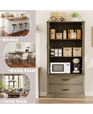 65" Tall Kitchen Pantry Cabinet, Kitchen Cabinet with 2 Drawers & Barn Doors, Farmhouse Storage Cabinet with particleboard
