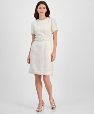 Tahari ASL - Women's Boucle Belted Fringe-Trim Dress