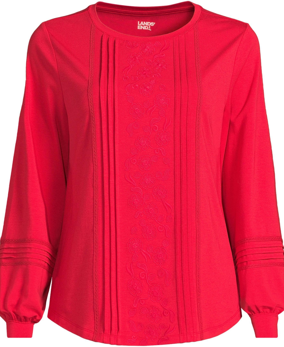Lands' End Women's Long Sleeve Lightweight Jersey Pintuck Embroidery Top