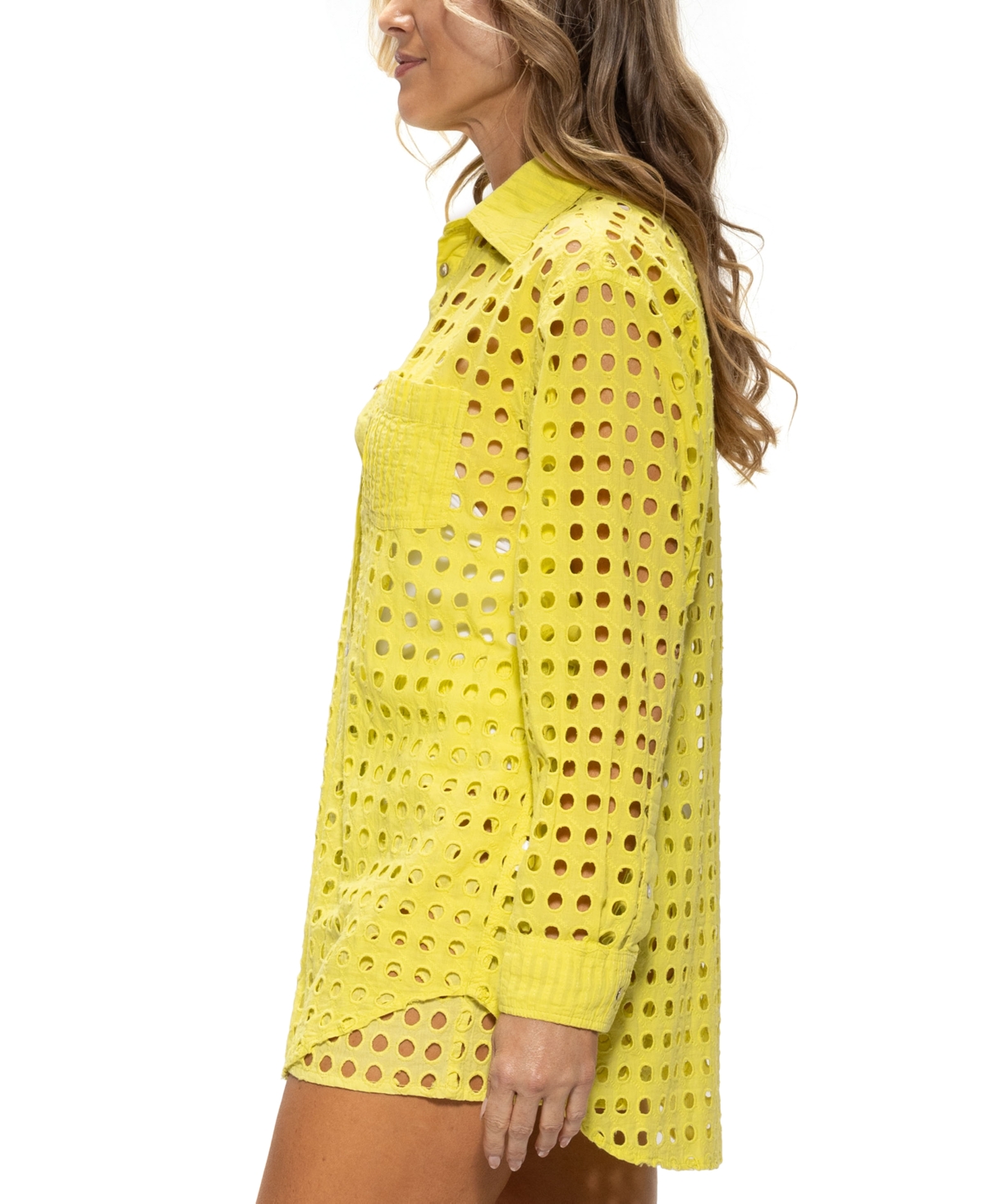 DOTTI WOMEN'S COTTON OPENWORK DOT COVER-UP BEACH SHIRT 