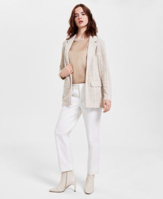 Womens Plaid Boucle Boyfriend Blazer Sleeveless Top Cropped Twill Trousers