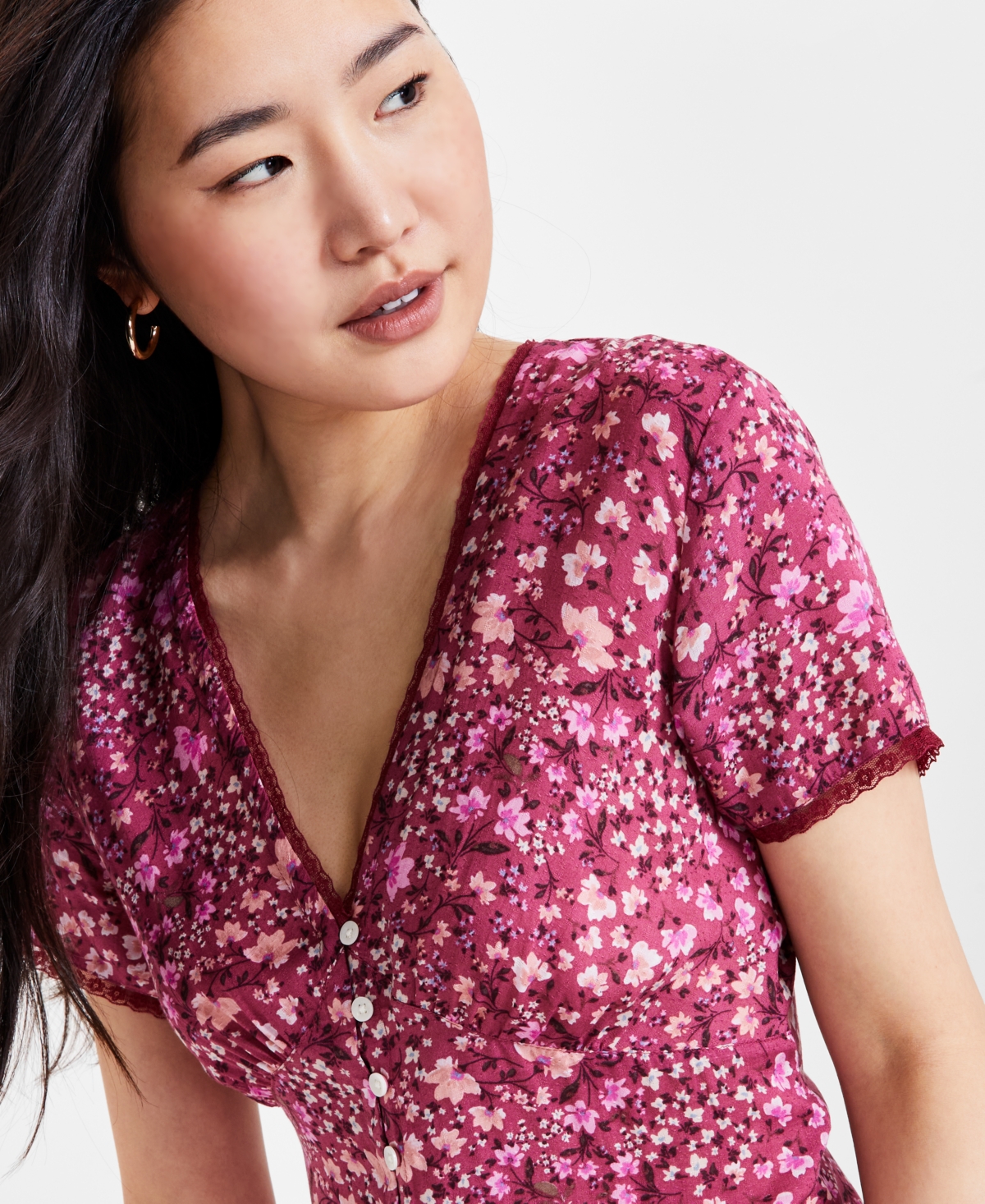 LUCKY BRAND WOMEN'S LACE-TRIM FLORAL MIDI DRESS 