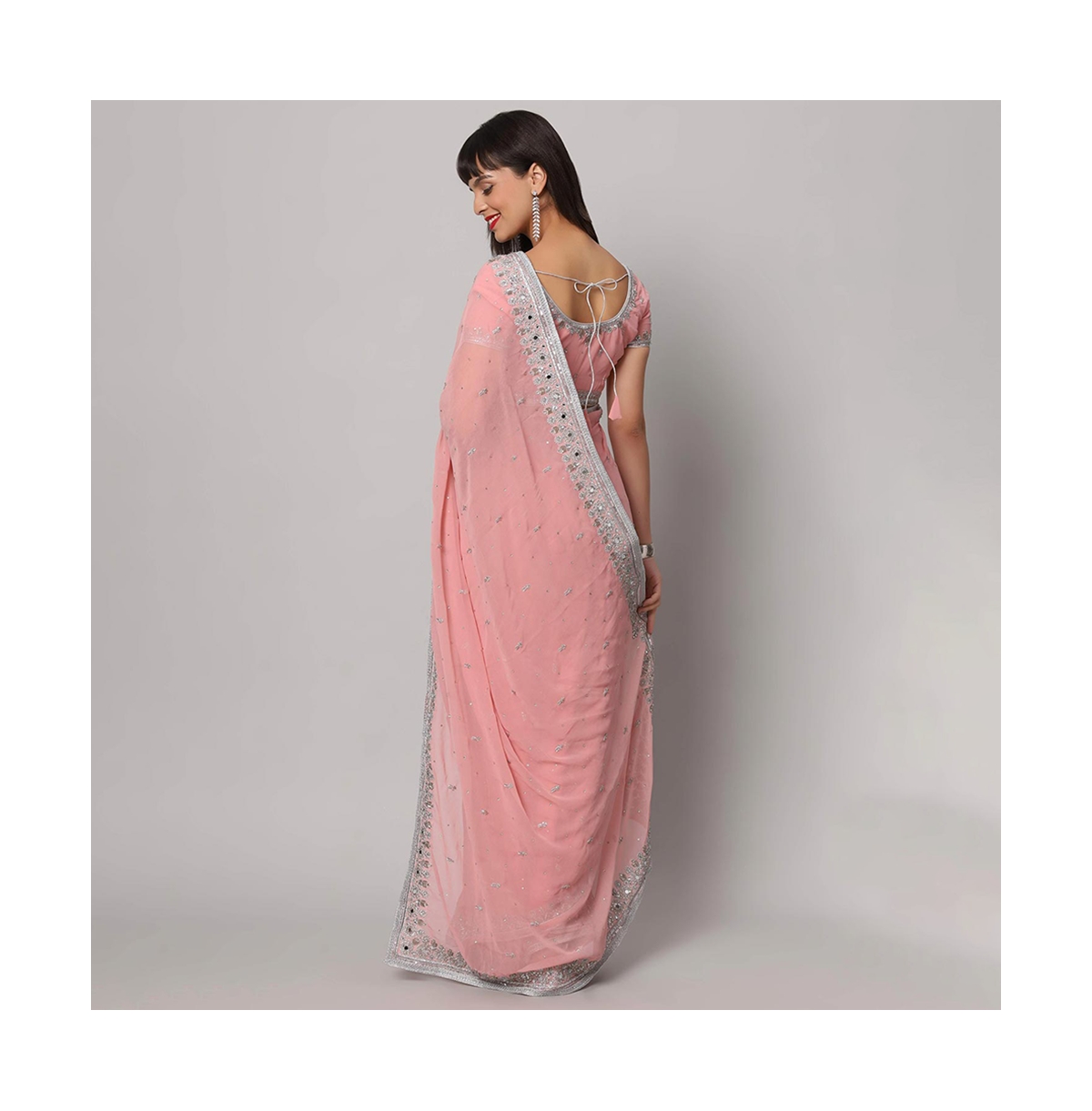 One Minute Saree Petite Aaliya Dusty Rose Silver Embroidered Mirror Work Ready to Wear Sari