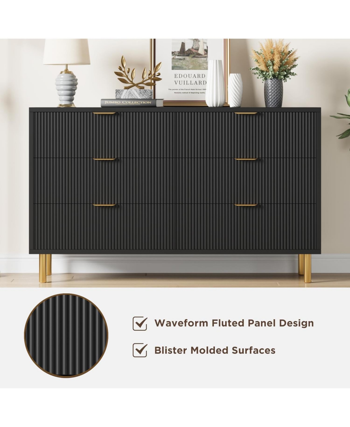 gaomon6 Drawer Dresser for Bedroom, 56” Wide Wood Dresser Organizer with Metal Legs - Black