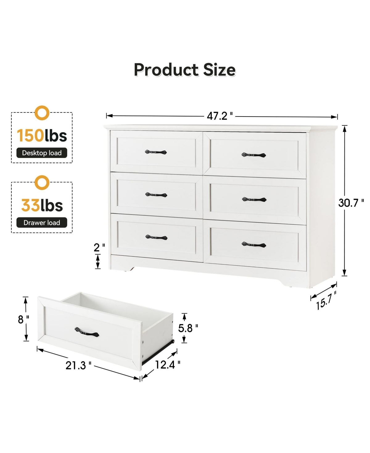 gaomon Modern 6 Drawers Dresser, Chest of Drawers Closet Organizers and Storage Clothes, Modern Dressers - White