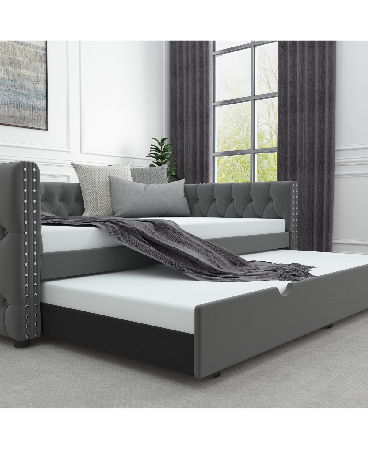 Slickblue Velvet Upholstered Daybed with Trundle - Tufted Full Sofa Bed for Bedroom or Guest Room