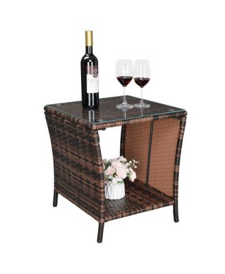 Brown Gradient Iron Frame Rattan Side Table with Glass Surface - Elegant Design