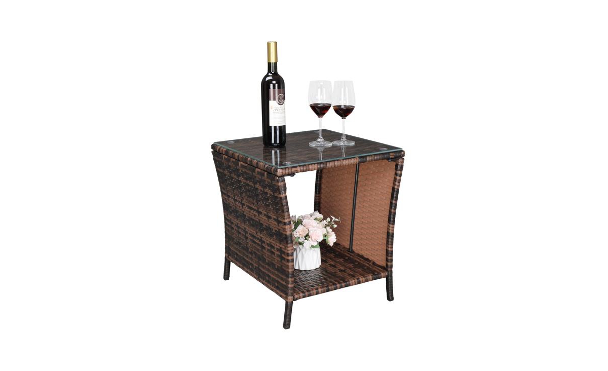 SlickblueGradient Iron Frame Rattan Side Table with Glass Surface - Elegant Design - Brown