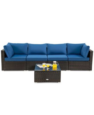 5 Pieces Cushioned Patio Rattan Furniture Set with Glass Table