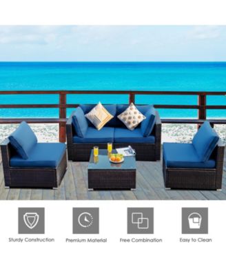 5 Pieces Cushioned Patio Rattan Furniture Set with Glass Table