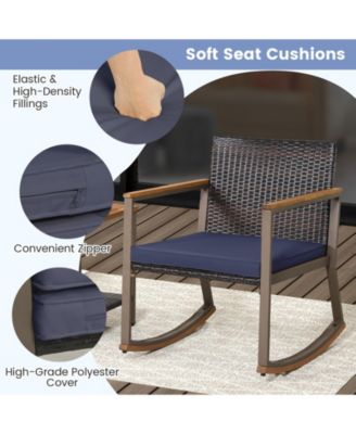 3 Pieces Rattan Rocking Bistro Set with Coffee Table and Cushions