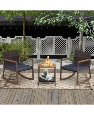 3 Pieces Rattan Rocking Bistro Set with Coffee Table and Cushions